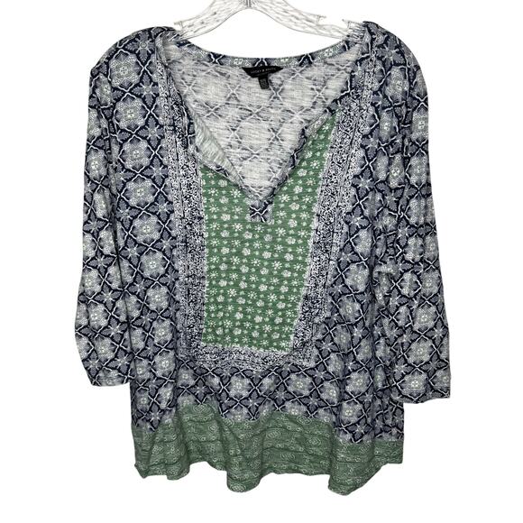 Lucky Brand Boho Top 1X Blue Green Mixed Print Split Neck Long Sleeve - Picture 1 of 8